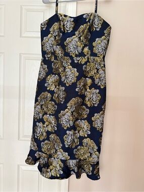 Strapless Navy Floral Sheath Dress with Gold Accents